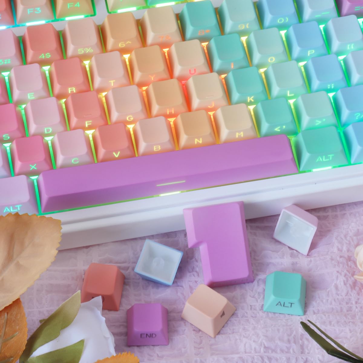 Tsungup Lot de 131 touches en PBT imprimées sur le côté - Motif arc-en-ciel mignon - Pour clavier mécanique Cherry MX