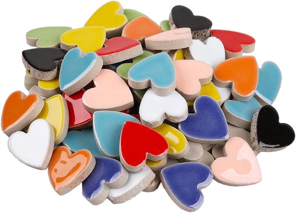 Healifty Heart-Shaped Ceramic Mosaic Tiles 0.90X0.86 Inch Colorful Pieces for DIY Crafting Home Decor Flower Pots Photo Frames
