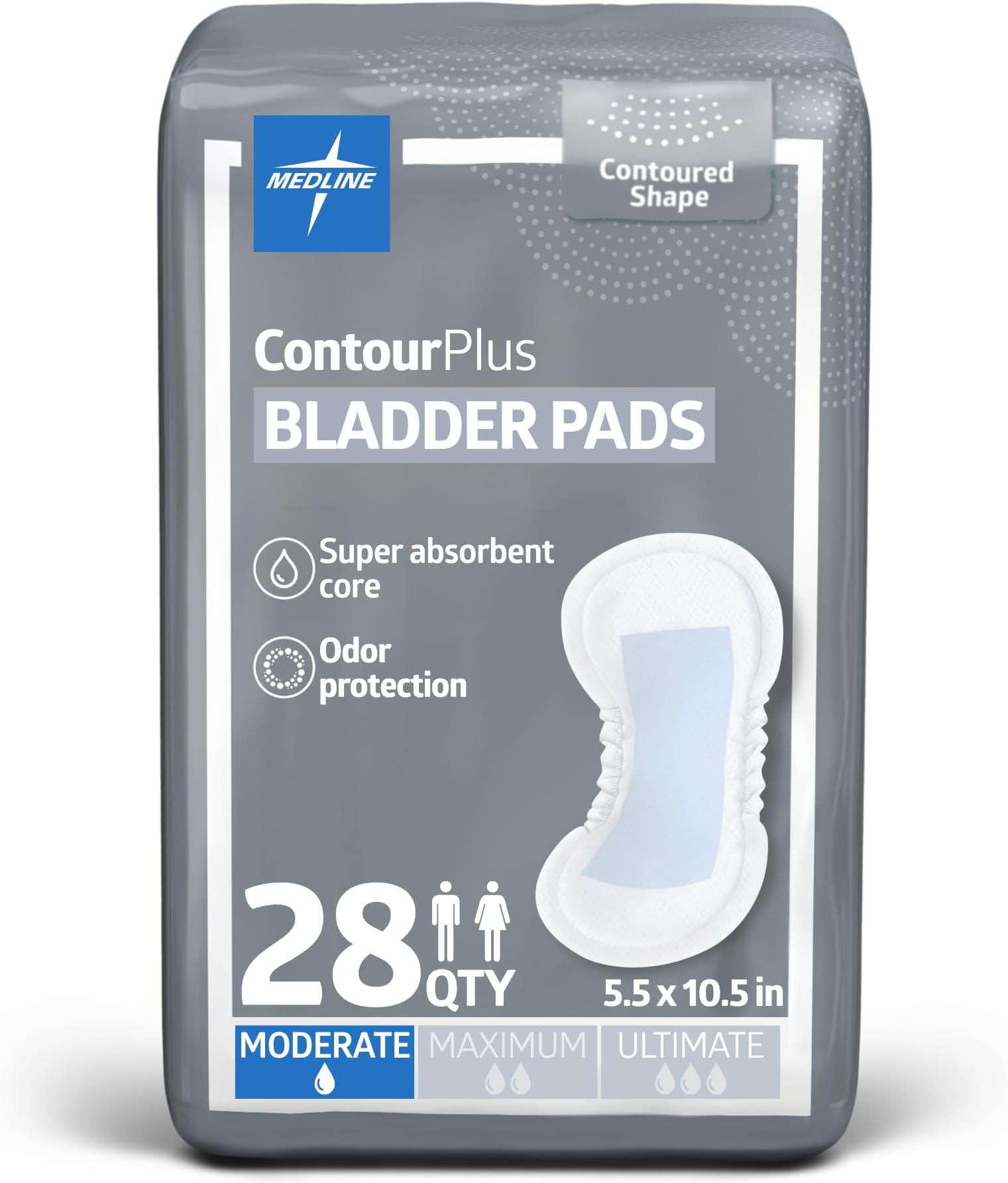 Medline ContourPlus Bladder Control Incontinence Pads, Moderate Absorbency, 5.5" x 10.5", 28 Count