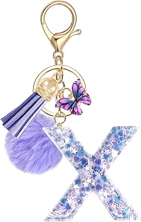 JSRQT Initial Keychain, Letter Keychain for Girls, Initial Bag Charm Pendants, Purple Butterfly Alphabet Keyrings Poms