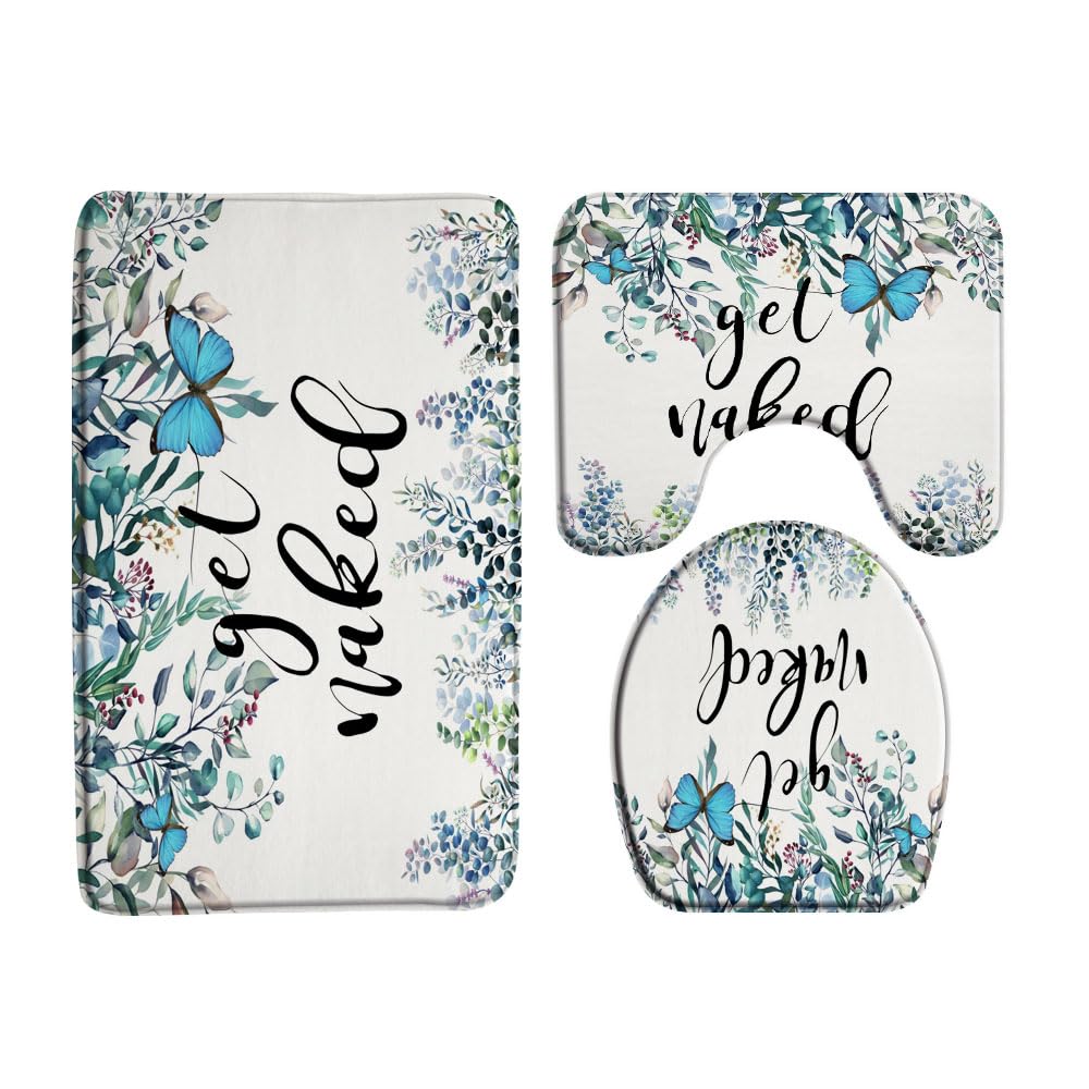 VPUPCN Green Leaves 3 Pcs Bath Rugs Set,Sage Green Eucalyptus Leaf Watercolor Nature Floral Plant Botanical Spring Bathroom Kitchen Rug with 17.8