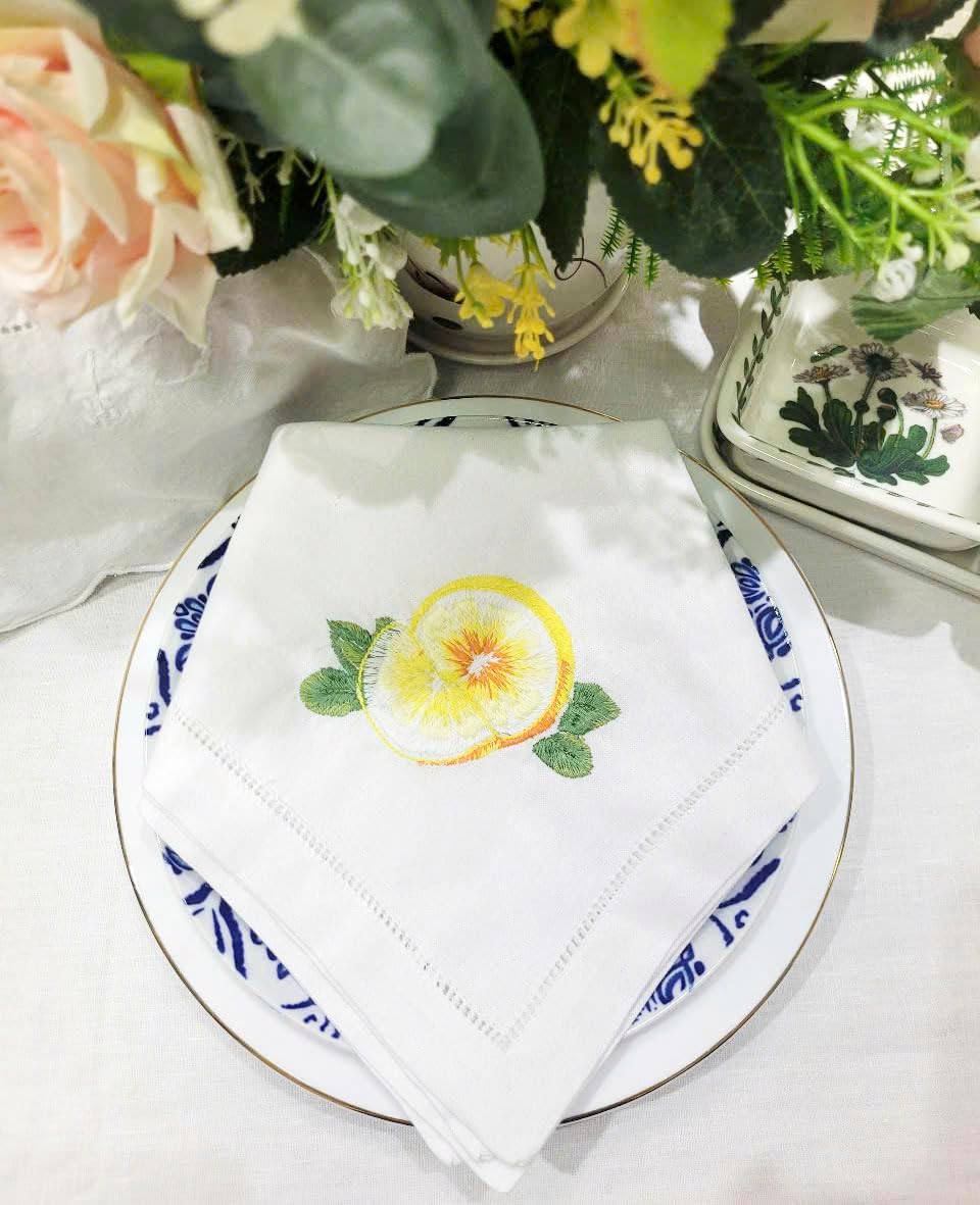 Embroidered Cloth Napkin Lemon Cotton Napkins Set of 6, 20x20 Hemstitch Table Napkins Machine Washable, Daily & Holidays, Great Present Ideas