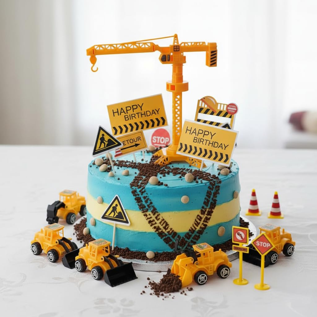 Kit Décoration Gâteau Chantier Pour 2 Ans - Pelleteuses, Panneaux