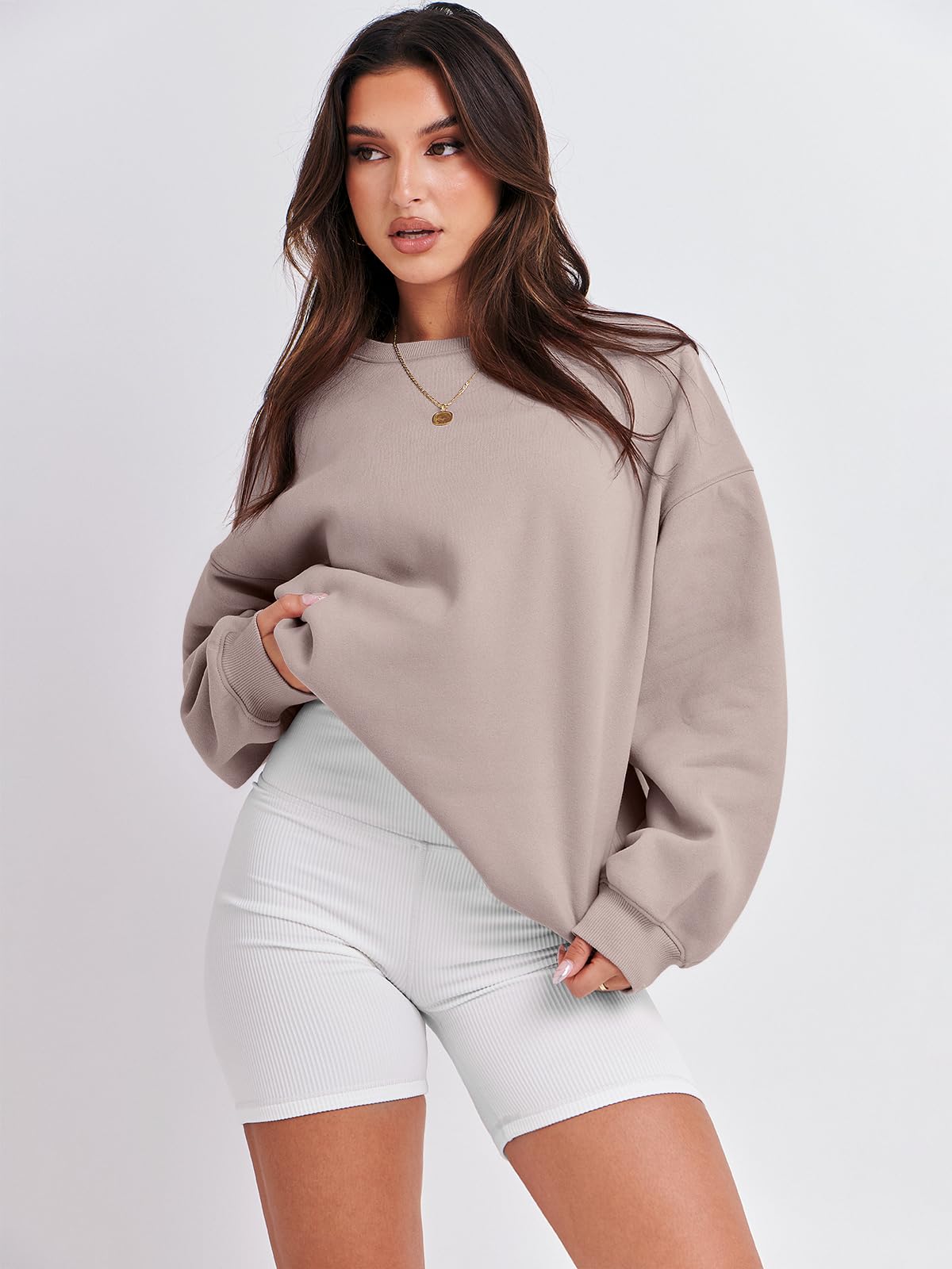 Damskie bluzy oversize bluzy z kapturem polar okrągły dekolt sweter top codzienne jesienne stroje preppy ubrania nastolatki 2024 A1019 światło, Jeden kolor, Light Khaki_XL