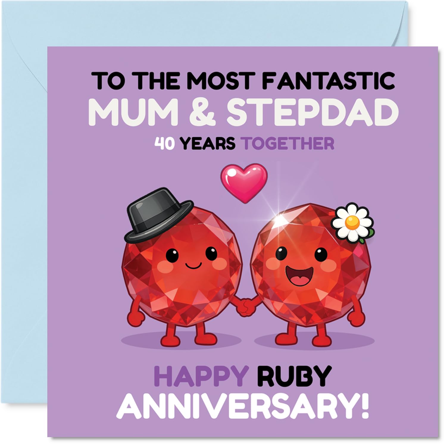 Cute 40th Anniversary Card for Stepdad & Mum - Playful Ruby Duo Celebrating 40 Years - Adorable Hand-holding Characters in Purple and Red - 145mm Square, Envelope Included