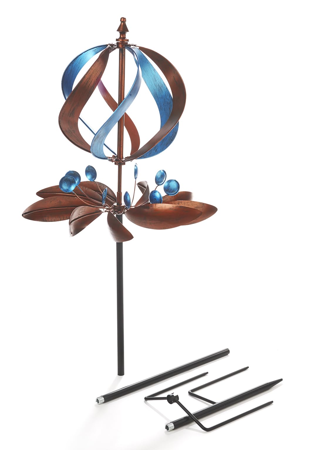 Kobolo Windrad Dekostecker Twirl | 60x60x212 cm | Metall | braun-blau | modernes Garten-Windspiel | XXL Metallwindrad für Gartendeko, Vorgarten & Outdoor-Dekoration | robuster Gartenstecker