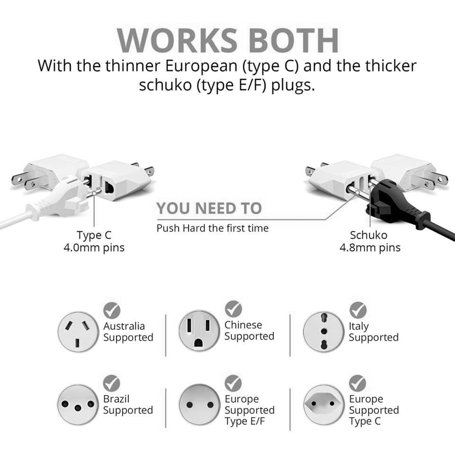 Paquete de 4 adaptadores de enchufe ALINNA Europa a EE. UU., Australia, China, Italia, Suiza, Europa a Estados Unidos, adaptador de enchufe de viaje de CA (blanco + negro)