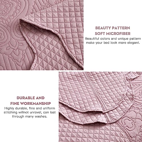 Image of HZ & HY Oversized King Bedspread, Embossed Damask Quilt Set King /Cal King, Lightweight Reversible Coverlet, Scalloped Edge - Soft Romantic Look, 5 Piece, Mauve Shadows
