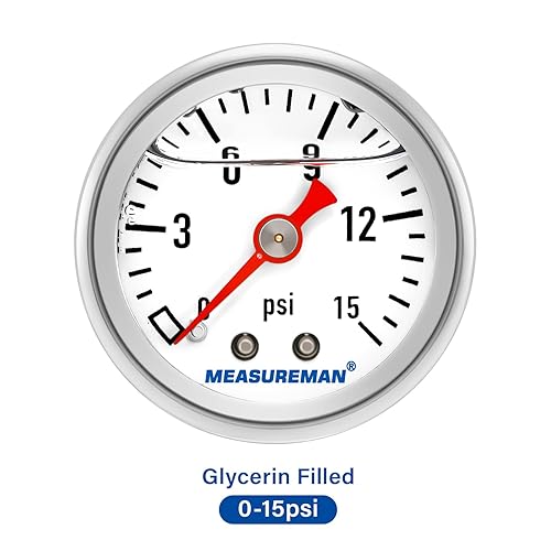 Miniatura 59 de MEASUREMAN - Manómetro de presión de combustible, 0 a 15 psi, acero inoxidable, relleno de glicerina, esfera negra de 1.5 pulgadas, adaptador en T