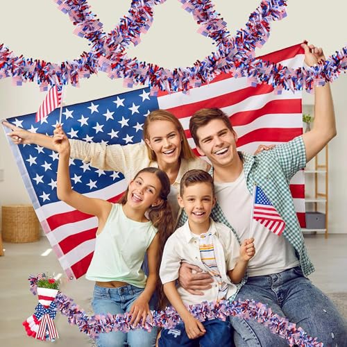 Image of 50FT 4th of July Patriotic Decor Tinsel Garland Decorations, Red White and Blue USA Flag Garlands for Memorial Day Decor Fourth of July Independence Day Indoor Outdoor Yard Home Party Decor Supplies
