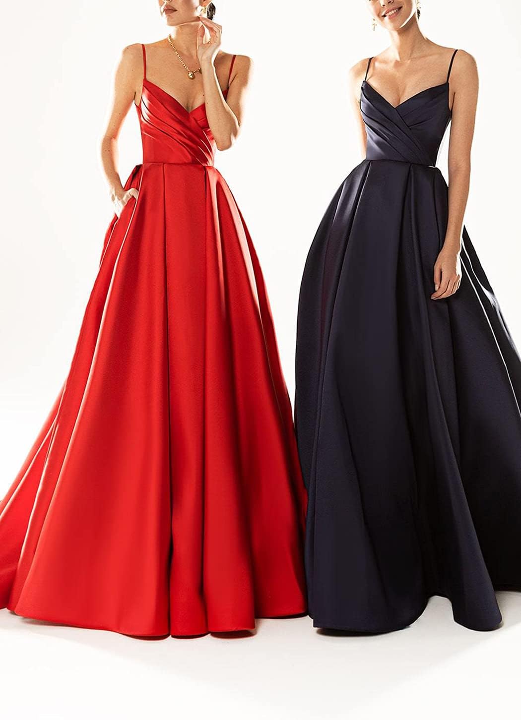 Women's Satin Prom Dresses 2026 Formal Gown Long Spaghetti Strap V-Neck A-line Evening Party Dress with Pockets - Image 3