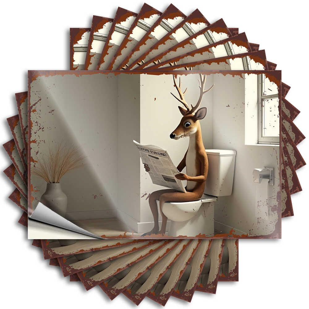 Bedroom Stuff Decals Durable Wall | Deer Relaxing On Toilet Reading Newspaper in Bathroom Winter Self Adhesive Sticker for Items DIY(12X18CM)