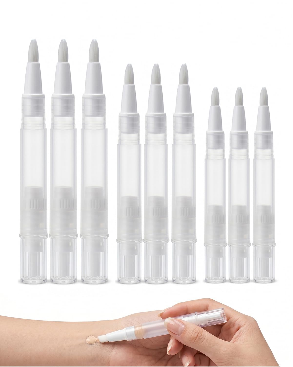 TISCH Penne Applicatore Ricaricabili 9pz, Trasparenti con Pennello (2ml, 3ml, 5ml, 3 pezzi ciascuno) per Olio Cuticole Unghie, Siero, Fondotinta e Gloss Labbra