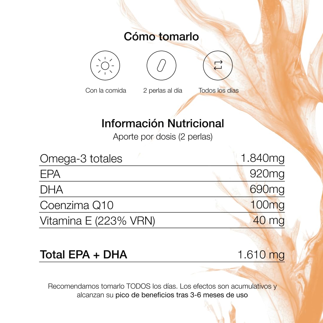ZZEN - Omega 3 IFOS de 1840 mg | EPA (920 mg) y DHA (690 mg) con Coenzima Q10 (100 mg) y Vitamina E, Corazón, Función Cerebral y Visión, 50 Perlas de Alta Concentración y Biodisponibilidad