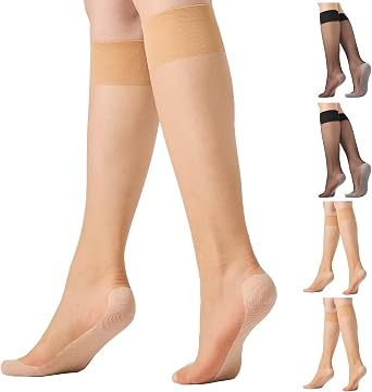 4 Pairs Knee High Stockings for Women Anti-Slip Cotton Sole Nylons | Sheer Knee High stockings with Wide Calf Knee High Nylons