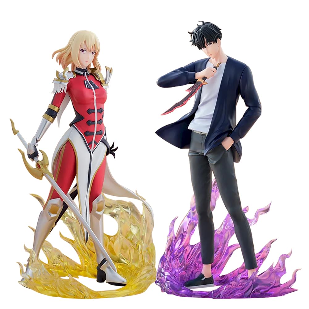 Jiumaocleu 2PCS Sung Jin Woo Figure Cha Hae-In Action Figure Anime Statue PVC Model Collectible Figurine Gifts for Fans 17.5CM+16CM