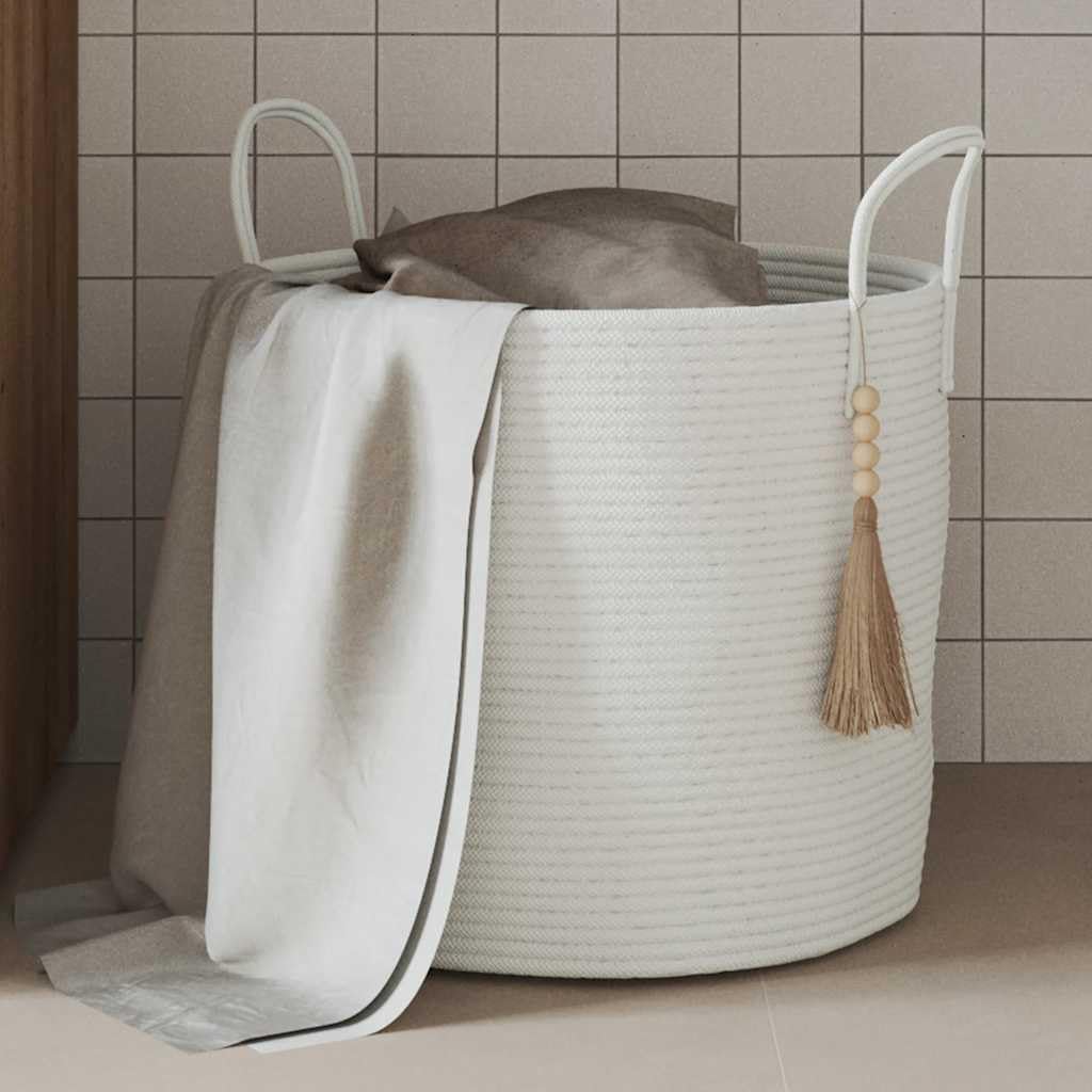 Weißer Aufbewahrungskorb aus Baumwolle, Ø40 x 35 cm, Dekokorb, Flechtkorb, Organizer für Wohnzimmer Schlafzimmer Bad Küche Flur Regal Schrank, Wäsche Spielzeug Decken Aufbewahrung