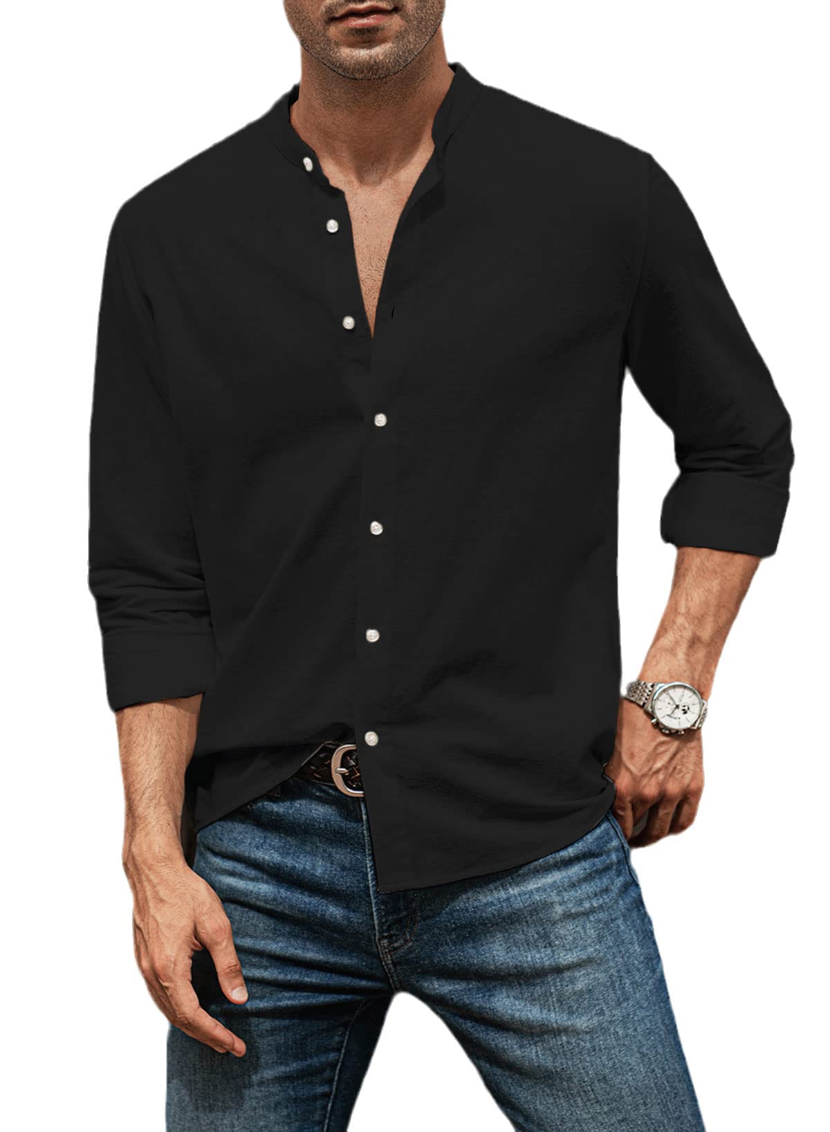 AlvaQ Camisa de Lino para Hombre Camisa de Manga Larga para Hombre Camisa de Ocio de Ajuste Regular Camisa Tradicional de un Solo Color para Hombre