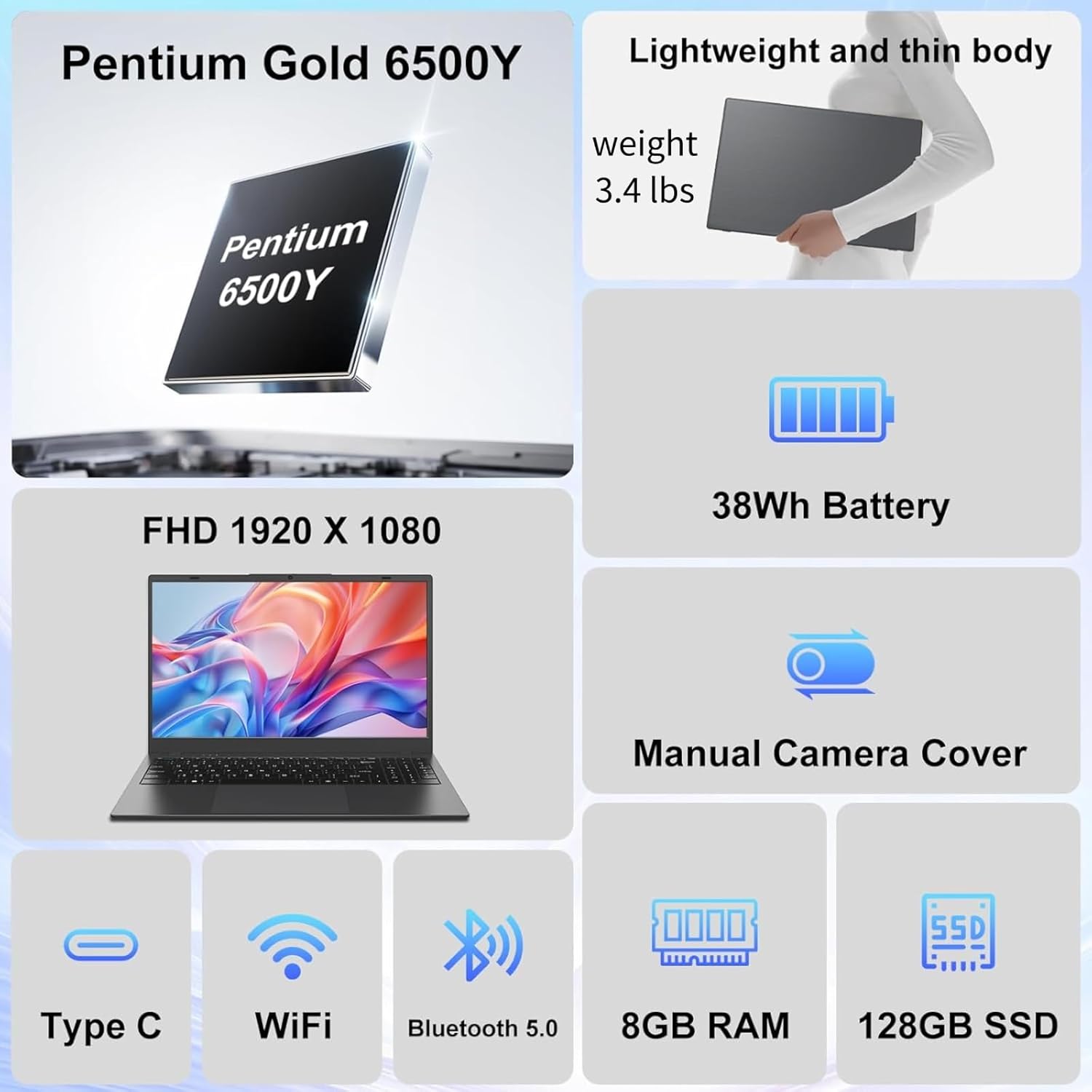 Laptop Computer 15.6 Inch - 8GB RAM 128GB SSD Laptops with Pentium 6500Y Processor Up to 3.4GHz, 1080P FHD IPS, Type C, HDMI, BT 5.0, WiFi 5, Traditional Laptop Computers for Work School Travel