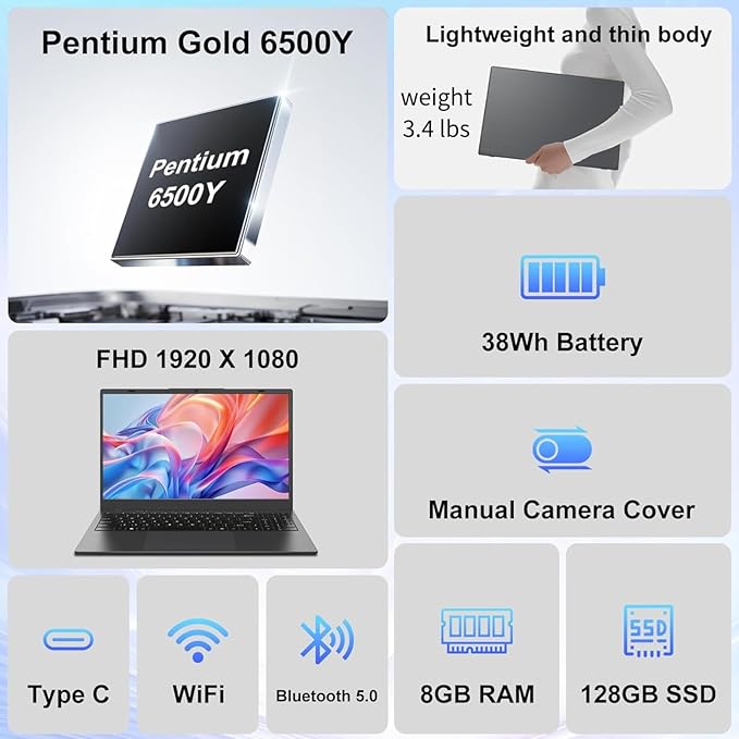 Laptop ARCBUC 15.6" 8GB RAM 128GB SSD Pentium 6500Y FHD IPS miniatura 2
