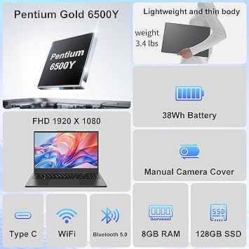 Laptop Computer 15.6 Inch - 8GB RAM 128GB SSD Laptops with Pentium 6500Y Processor Up to 3.4GHz, 1080P FHD IPS, Type C, HDMI, BT 5.0, WiFi 5, Traditional Laptop Computers for Work School Travel