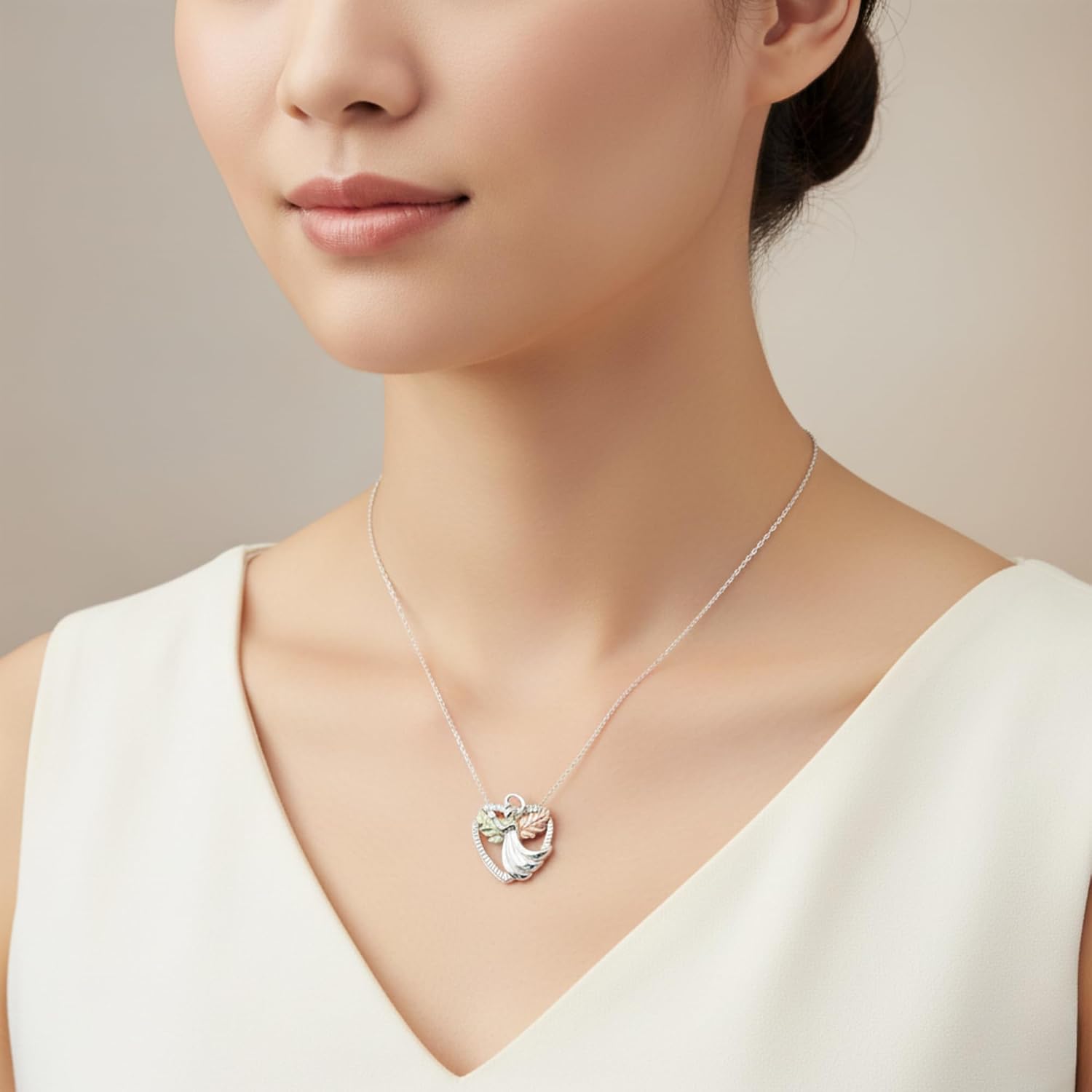 Angel Heart Necklace for Women, Sterling Silver with 12k Green & Rose Black Hills Gold, Diamond-Cut Praying Angel Pendant, 18" Rope Chain – Faith Jewelry Gift