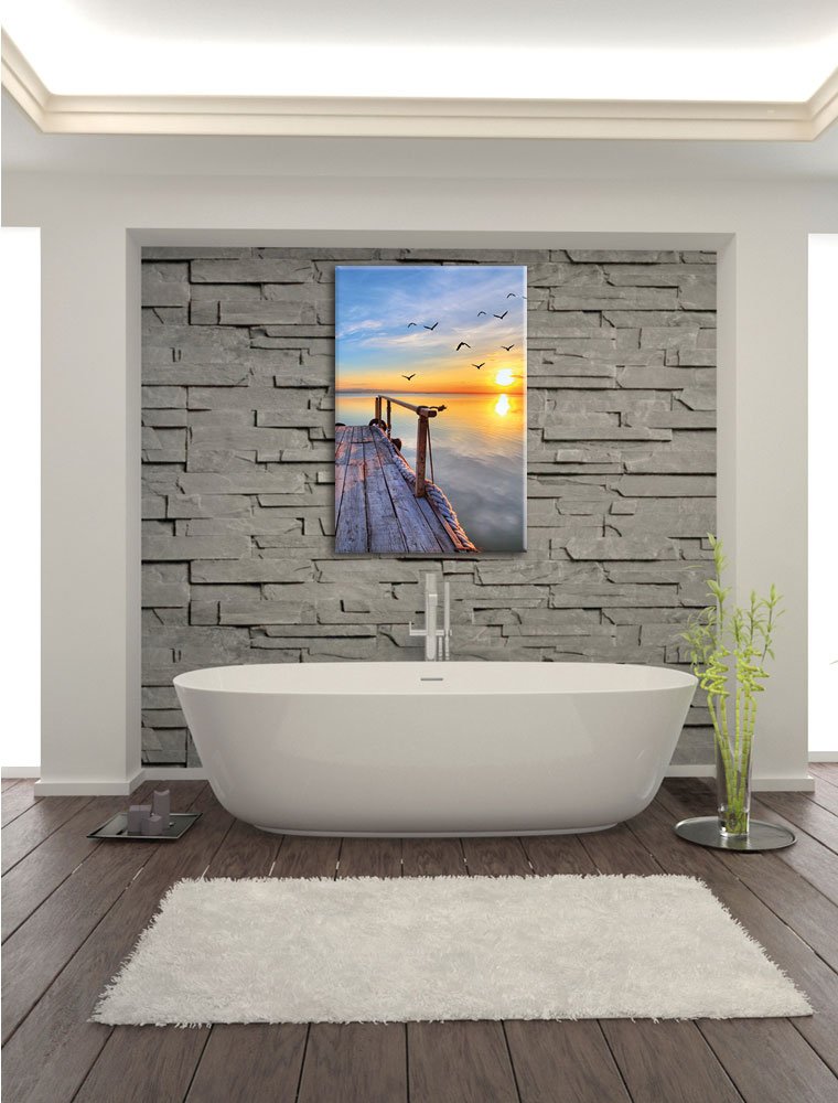 Pixxprint Steg mit Möwen bei Sonnenuntergang als, Größe: 120x80cm, Leinwandbild, fertig gespannt, Wandbild, Dekoration, Kunstdruck, kein Poster