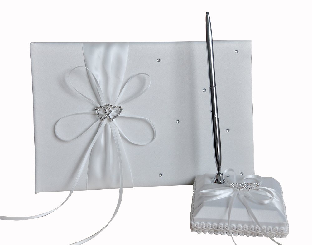 he andi 1 Wedding Guest Book + 1 Pen Set Decor Red Ribbon Bowknot, Double Heart Diamante Crystal Rhinestone Buckle (White)