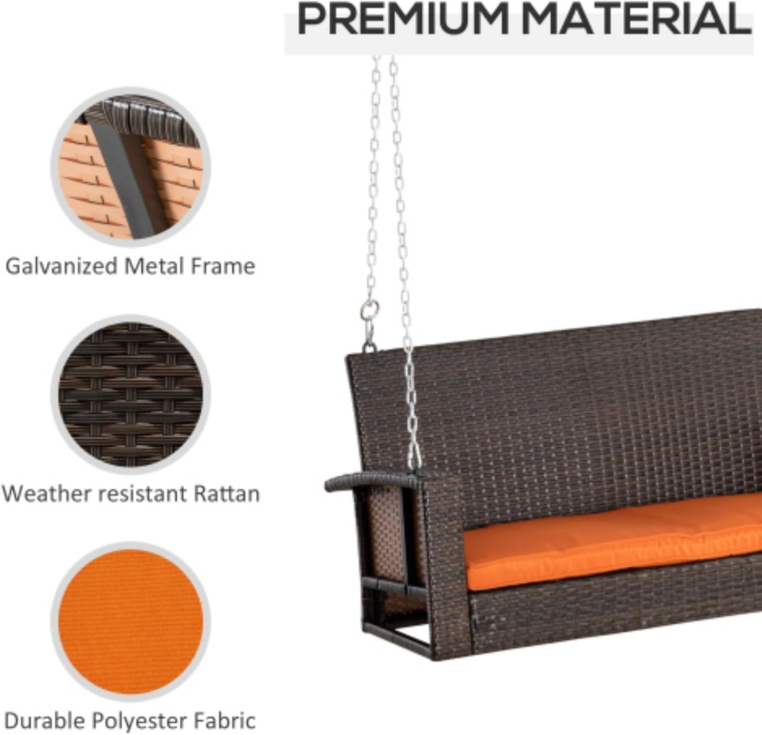 2-Person Wicker Hanging Swing Bench, Swing Chair, Hanging Chair, Front Porch Swing Outdoor Chair with Cushions, 550 Lbs Weight Capacity, Suitable for Backyard, Garden