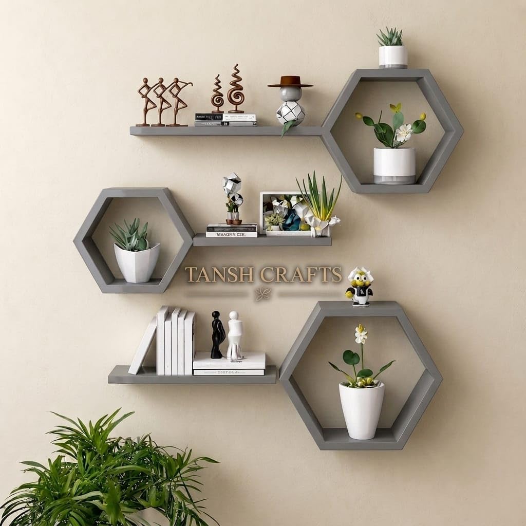 Hexagon Wall Shelf Set of 3 with Floating Shelves | Modern Wooden Wall Mounted Display Shelf for Living Room, Bedroom, Office & Home Decor (Grey, Set of 3)-image-45