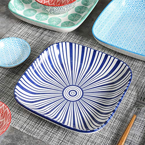 Selamica Porcelain 8-Inch Square Dinner Plates, Salad Pasta Bowls, Set Of 6, Assorted Colors #TOP5
