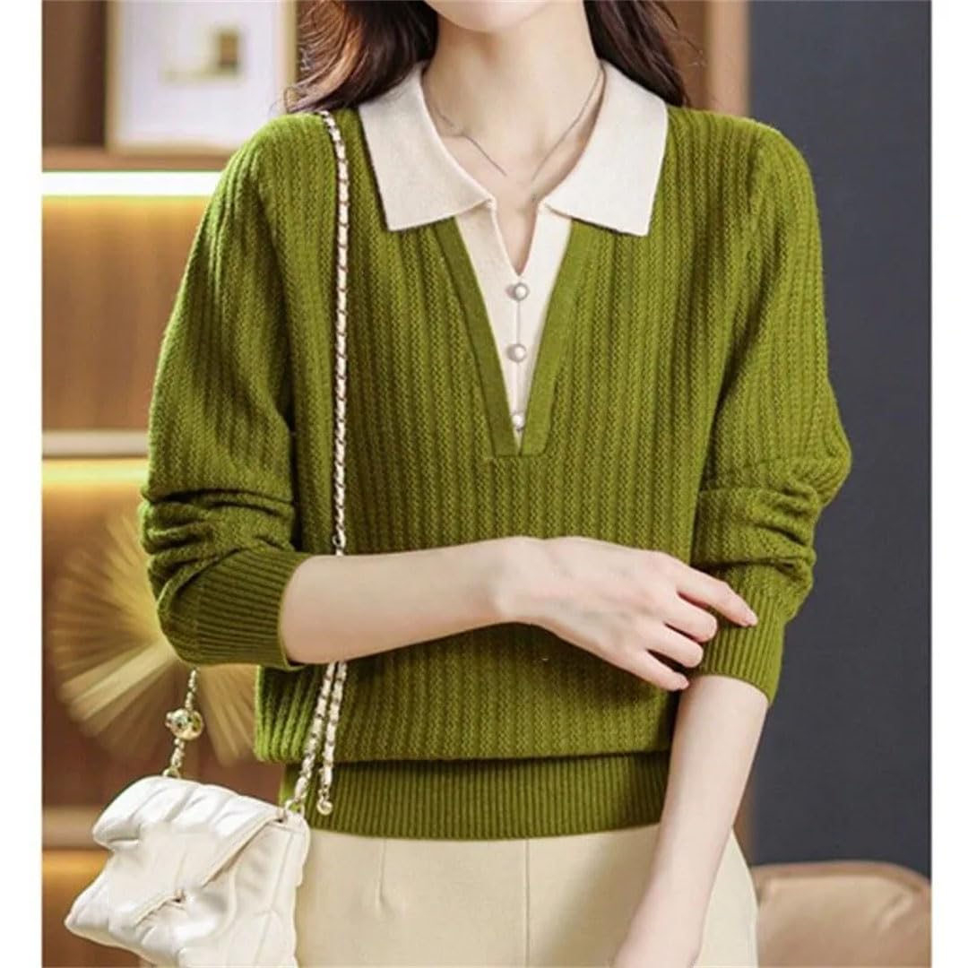 Abbigliamento da donna Turn Down Collar Falso Due Pezzi Maglioni Inverno Pulsante Patchwork Casual Manica Lunga Maglia Top