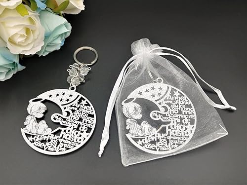 RBN 12 llaveros de madera con luna de ángel para bautismo, regalos de fiesta, recuerdos de bautizo (purpurina plateada)