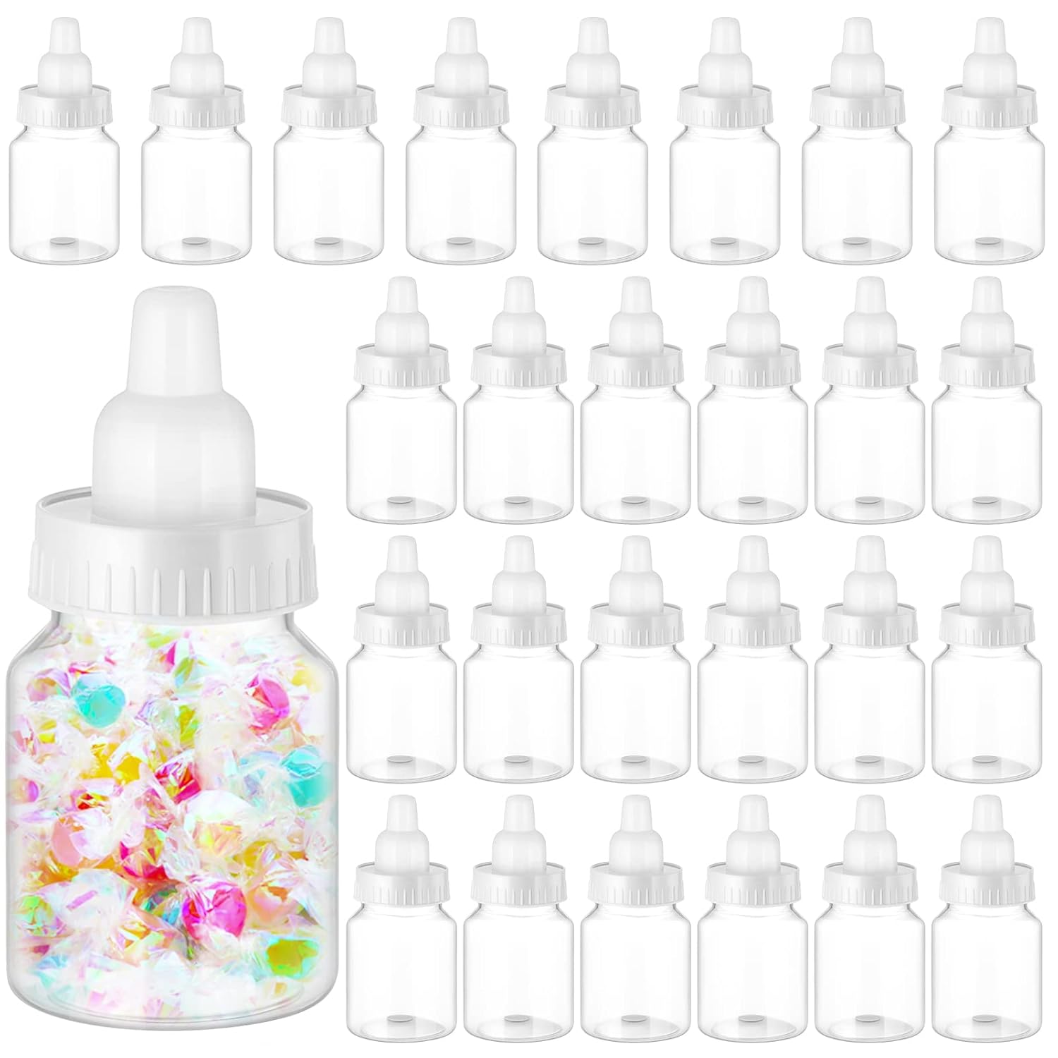 Tessco for you 72 Pcs 3.5 Inch Baby Bottles for Baby Shower Mini Plastic Bottle Party Favor Clear Candy Box for Guests Gift (White)