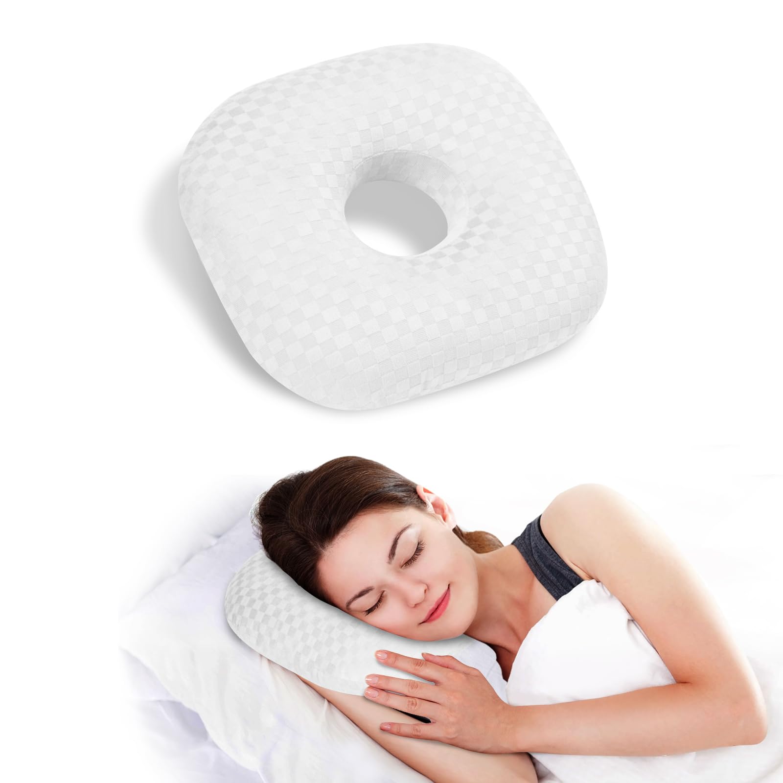 Babyezz Ear Piercing Pillow for Side Sleepers - Ear Hole Pillow for Pierced Ears, CNH & Pain Relief, O-Shaped Orthopedic Pillow for Pressure Sores, Soft Cotton (White)