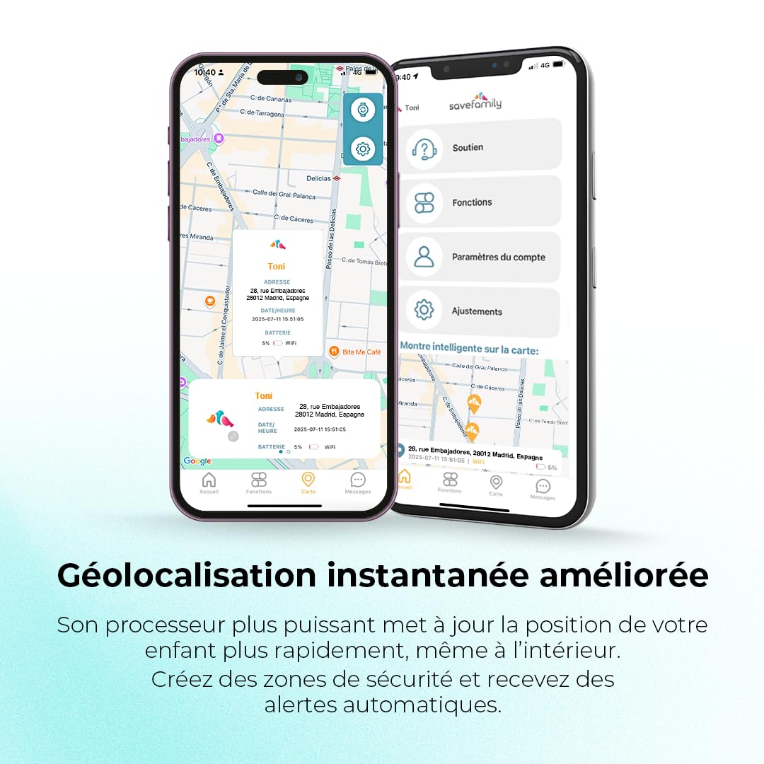 SaveFamily SaveWatch Plus 2 | Montre Connectée pour Enfant avec GPS | Localisateur GPS, Appels, Vidéo, WhatsApp, Spotify, App Store, Cadran Blanc et Bracelet en Tissu Framboise