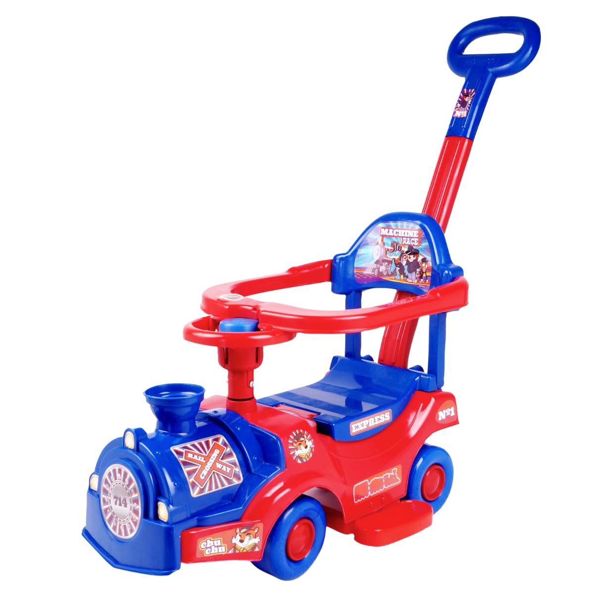 PROMEYCO Montable Infantil Tipo Correpasillos con Diseño de Tren, Empujador Trasero, Botón Musical y Claxon, Cajuela Porta Juguetes Integrada, Ideal para Juego Activo en Casa