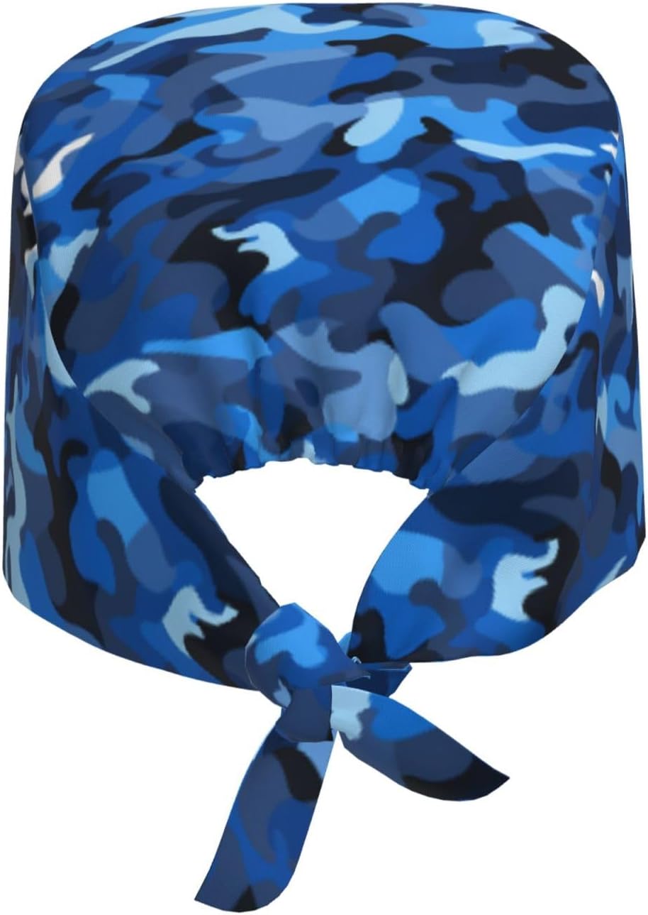 Cleaning Working Cap Blue Camouflage Pattern Prints Chef Hat for Women & Men, Adjustable, Breathable
