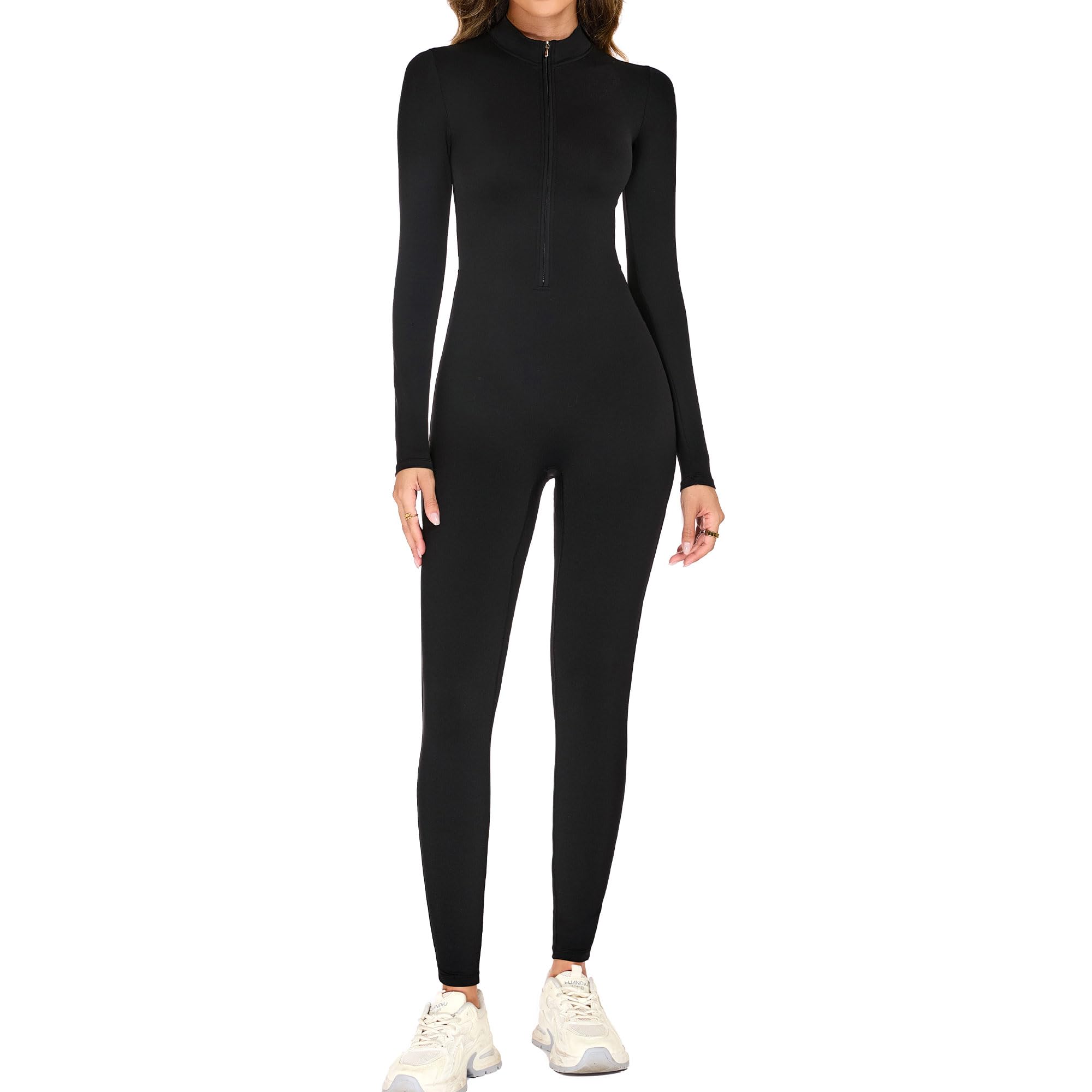 adorence Tuta Intera Donna Sportiva Aderente, Maniche Lunghe Jumpsuit Donna Sportiva con Cerniera, Lunga Tuta Intera Elastico per Yoga