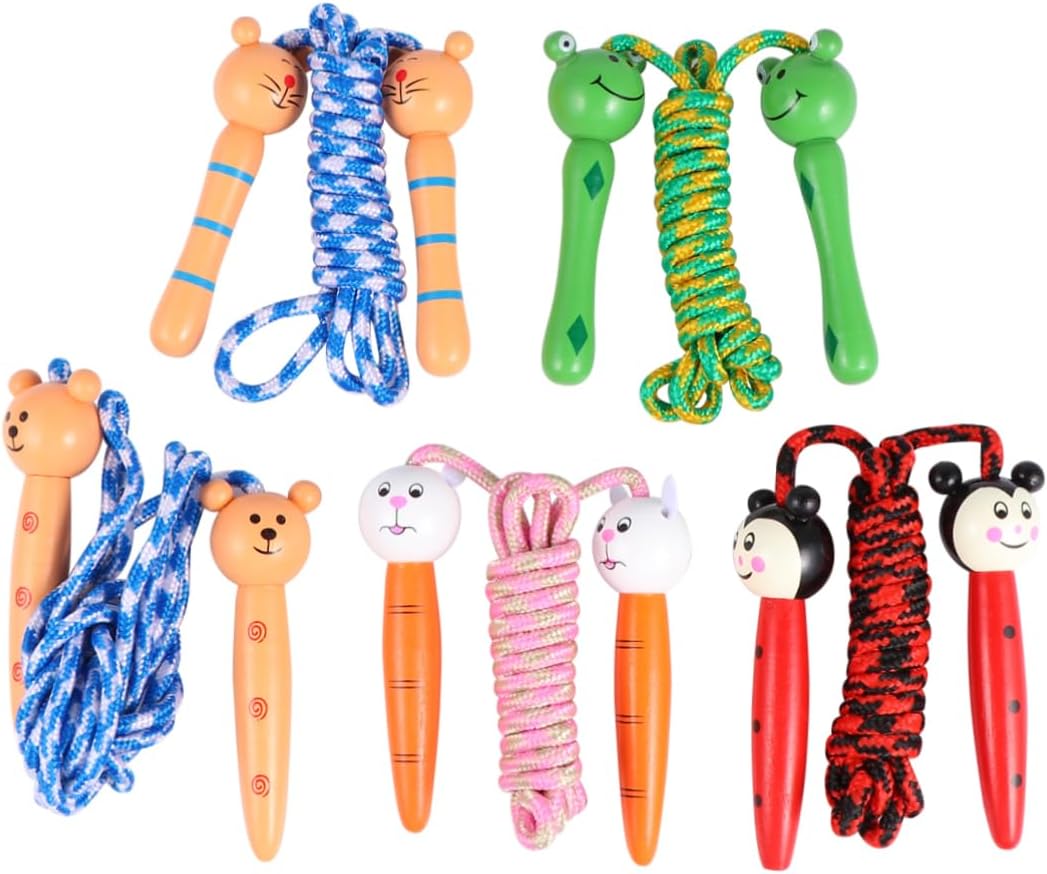TOYANDONA 5Pcs Wooden Handle Skipping Rope with Cartoon Designs Frog Little Man Bear Rabbit Lightweight Exercise Jump Ropes for Fitness Training and Outdoor Fun