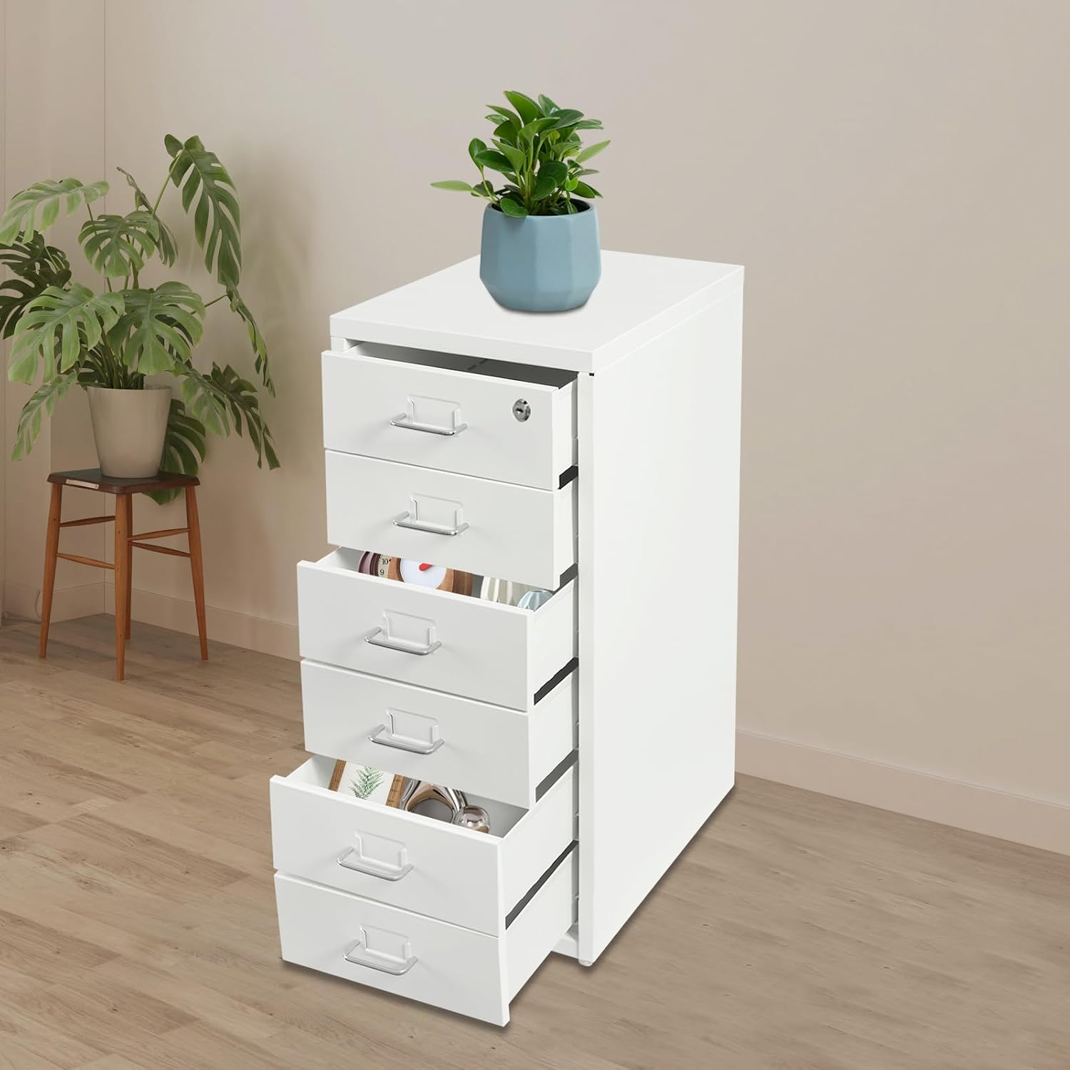 6 Drawer Vertical File Cabinet,Small Rolling Filing Cabinet with Lock & Wheels,200lbs Capacity, Fireproof Storage Organizer, Required Assembled,for Home, Office, Study, Dresser etc 11"x16"x27"