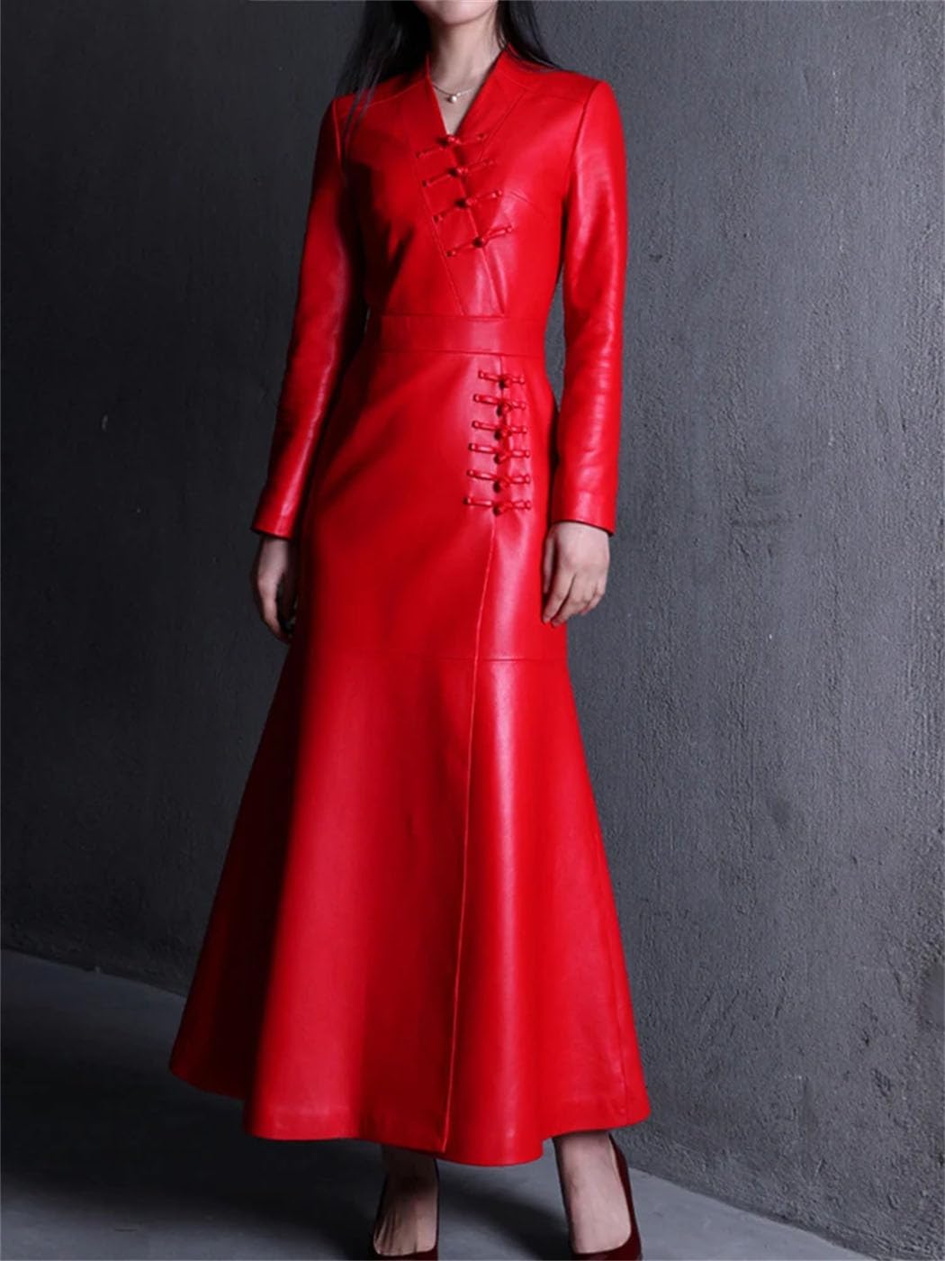 Haitpant Women's Faux Leather Coat Spring Autumn Fitted Chinese Knot Buttons V Neck Designer Extra Long Trench Coat