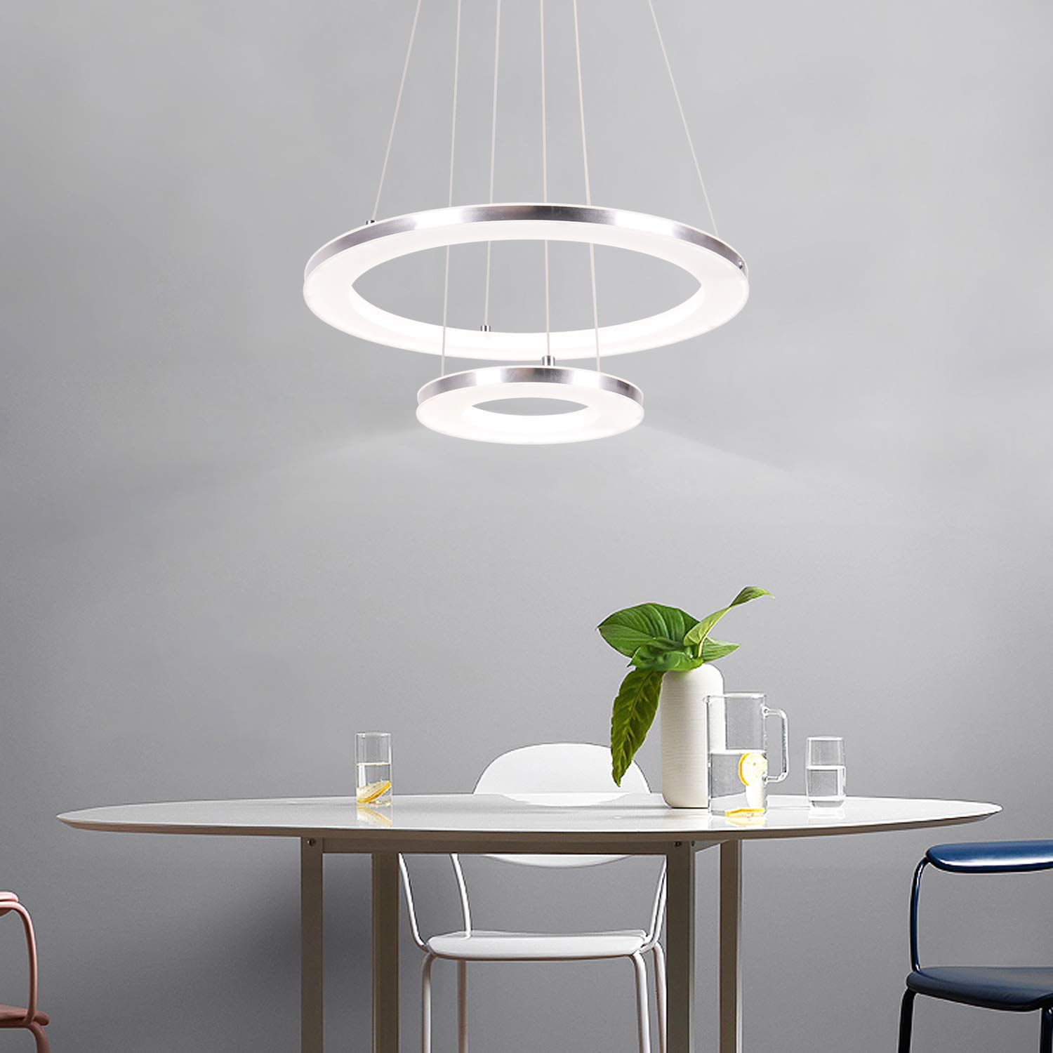 CHYING Modern LED Pendant Light with Acrylic Shade 2-Ring 30W Cool White 6500K Ceiling Light 2400LM Chandelier Adjustable Hanging Light Fixture for Kitchen Island Living Dining Room Restaurant