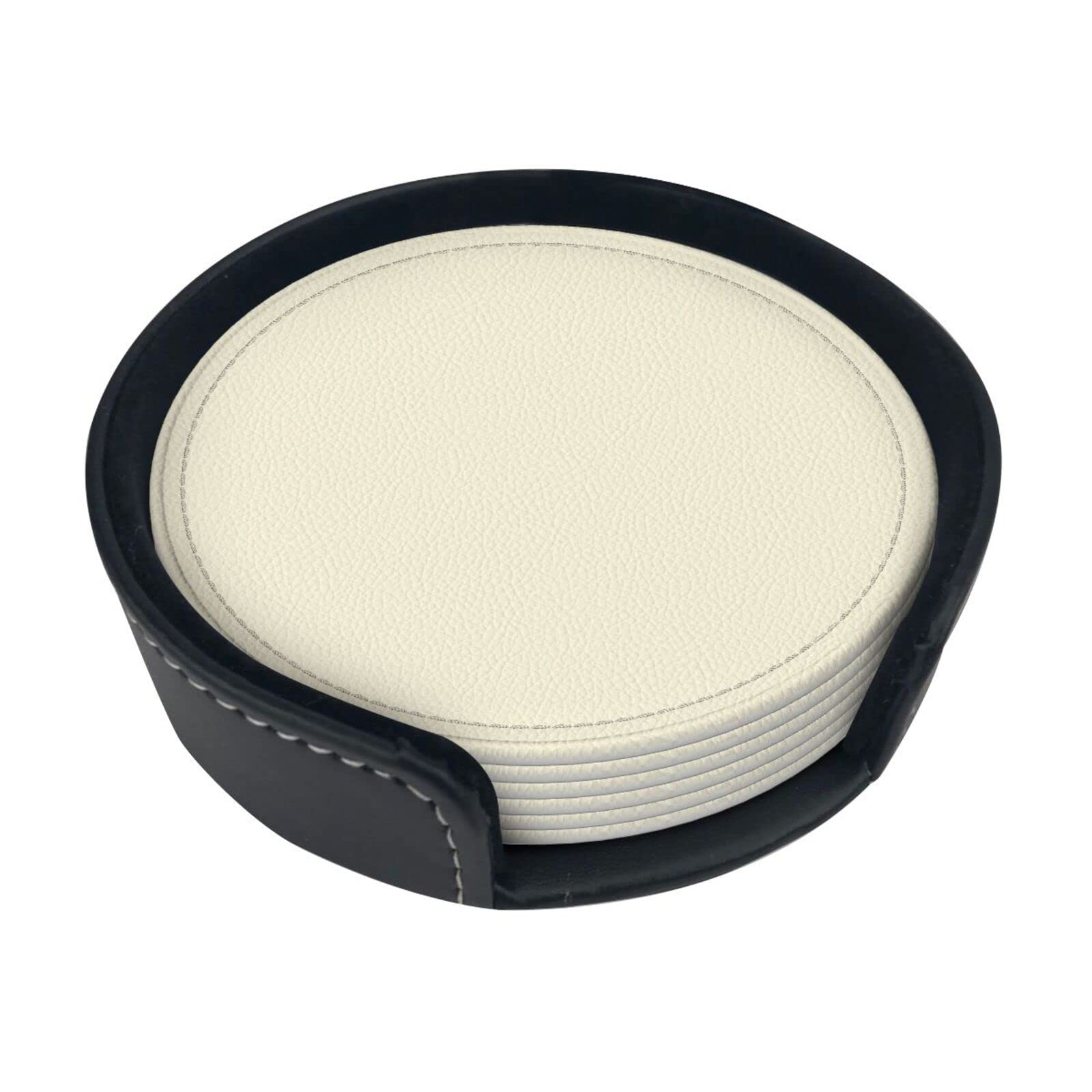 Cream Leather Coasters for Drinks with Holder Set of 6, Waterproof Coasters Table Protective Non-Slip Pads