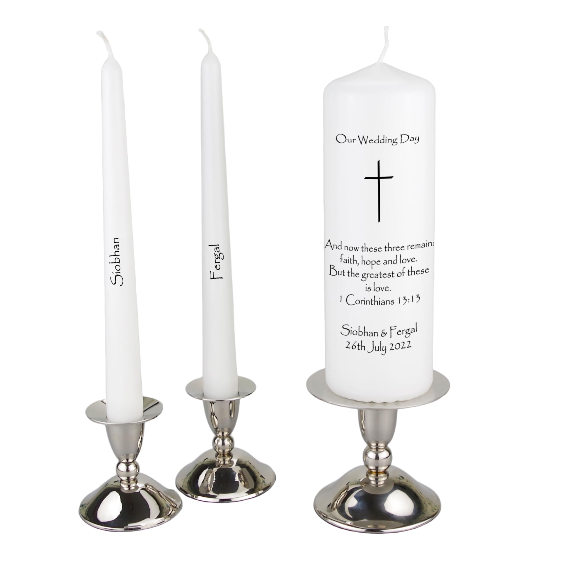 Personalised Wedding Unity Candle with a Simple Cross and Candle Holders as an Optional Extra by Just Candles