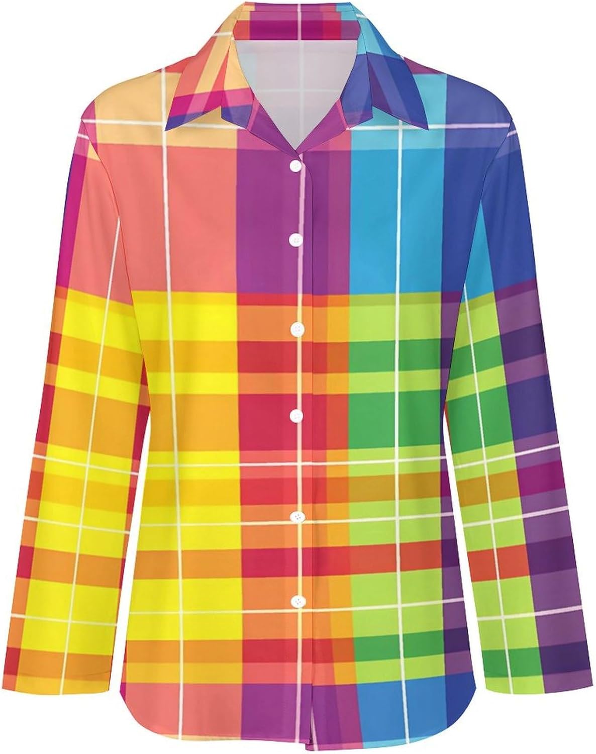 Rainbow LGBT Gay Plaid Womens Long Sleeve Shirts Button Down Casual Blouse Tops