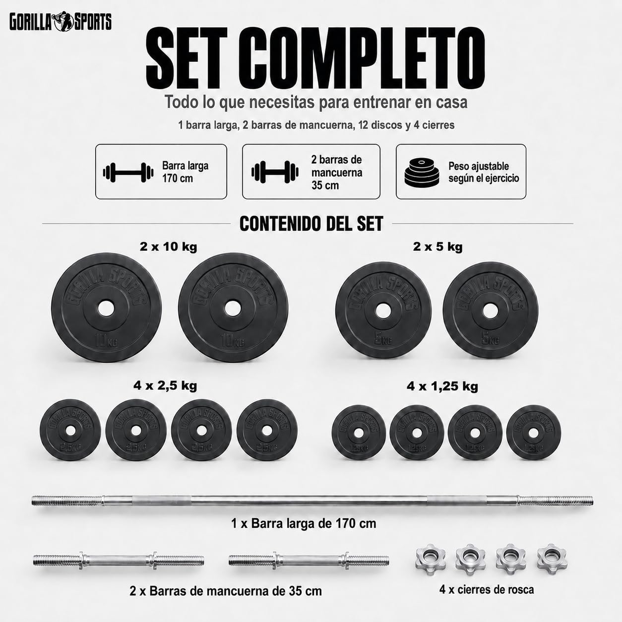 Gorilla Sports® Juego de mancuernas y discos – 60 kg, 100 kg o 130 kg, Ø 30 mm, barra 170 cm, con cierres, estriado, antideslizante, acero cromado – Mancuernas, gimnasio, entrenamiento, levantamiento