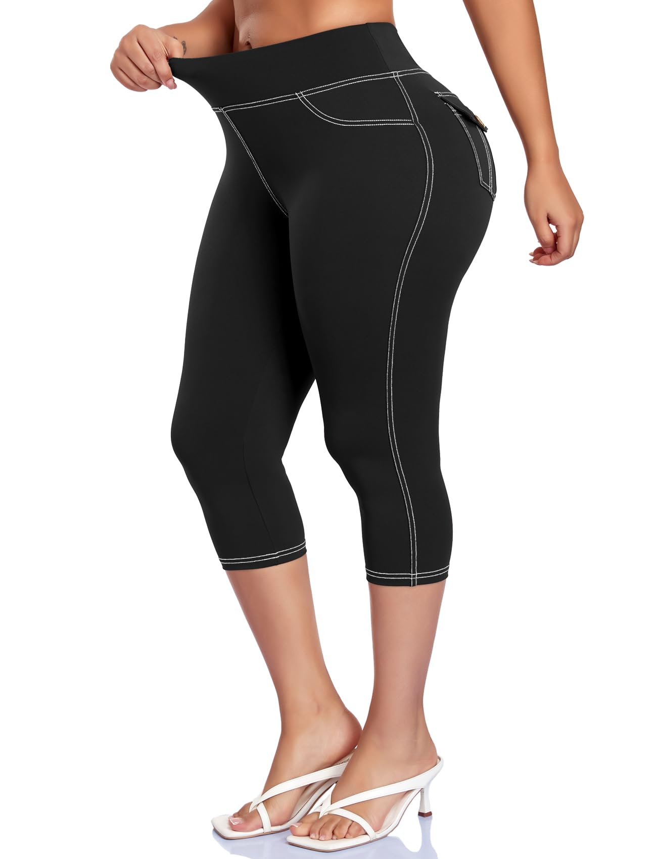 High Waisted Capri Leggings for Women-Denim-Like Stitching Workout Pockets Butt Lifting Ideal for Gym Yoga Tummy Control