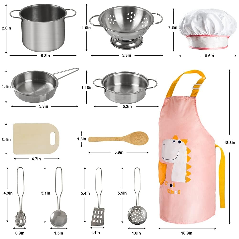 Sundaymot Giocattoli da Cucina per Bambini, Accessori Cucina Bambini con Acciaio Inossidabile Pentole Set, Grembiule e Cappello, Taglio Cibo Verdura Chef Gioco di Ruolo Set per Ragazze e Ragazzi