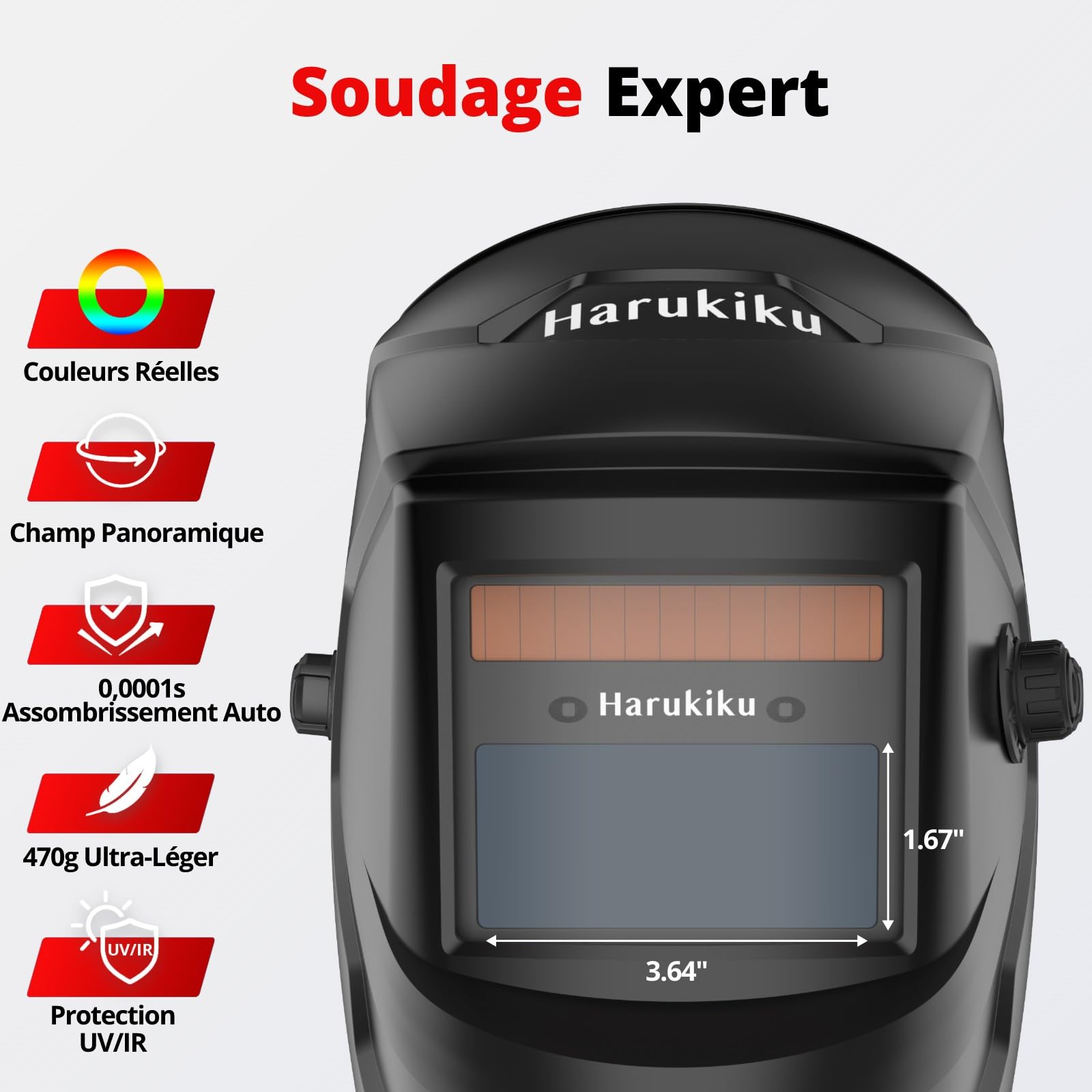 Casque de Soudure Automatique Harukiku Masque de Soudure à Obscurcissement Automatique DIN4-9/13 Classe 1/1/1/1 Vision Réelle des Couleurs Double Alimentation Solaire et Batterie